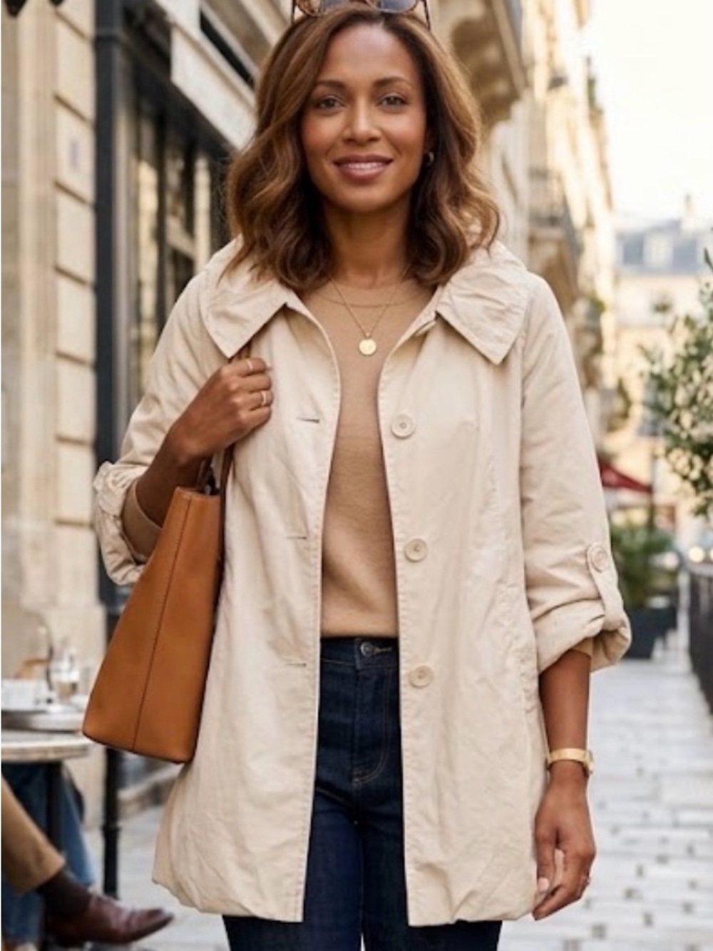 Larry Levine Light Cream Button-Front Trench Coat